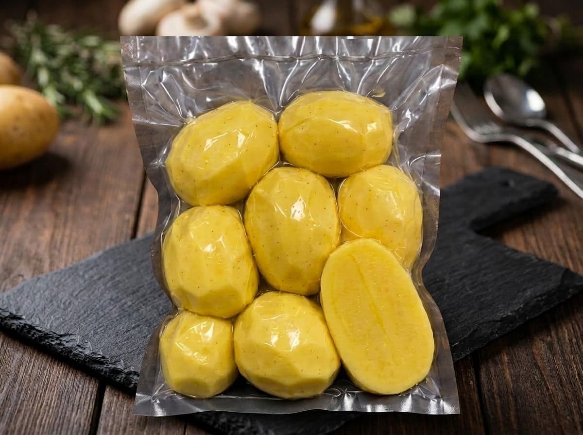 Fresh Peeled Potato - Real whole peeled golden potatoes in vacuum sealed transparent packaging